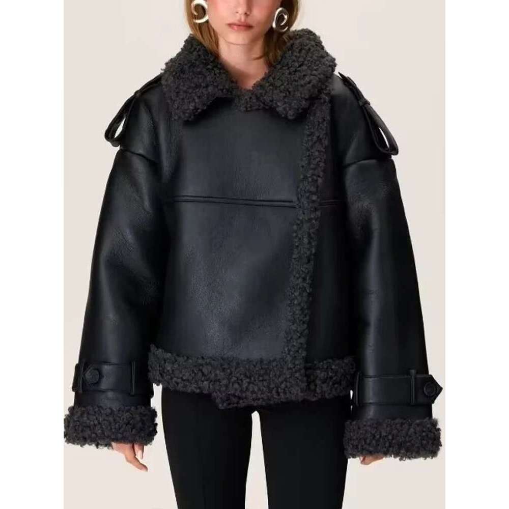 European and American style women's clothing new fashion temperament trend all-match black belt decoration lapel fur jacket