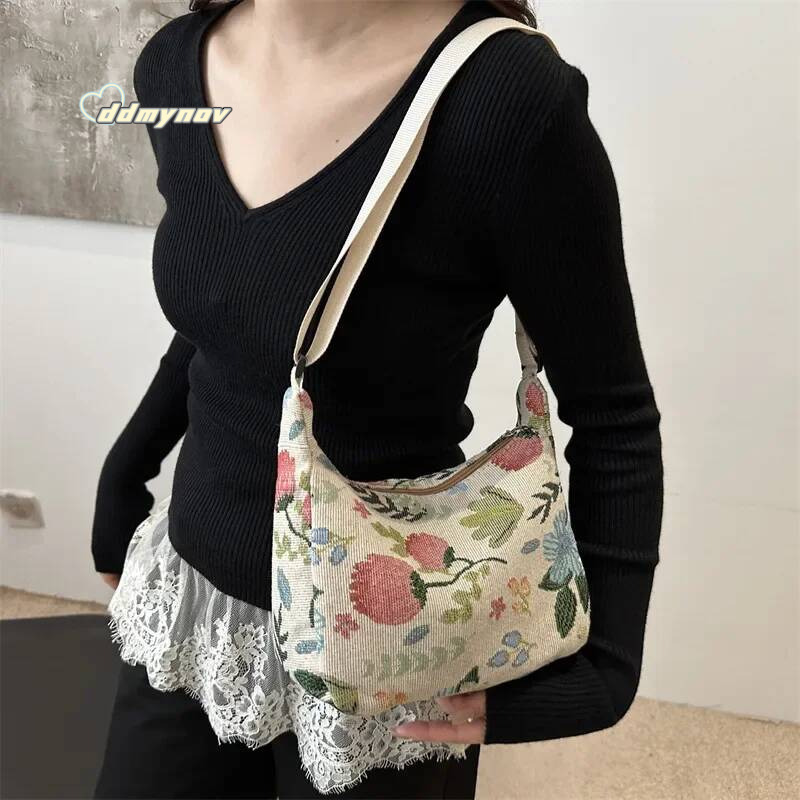 New Women Lady Bag Fashion Vintage Winter Versatile Literary Prints Cloth Crescent Pack Texture Temperament Crossbody Shoulder ddmynov