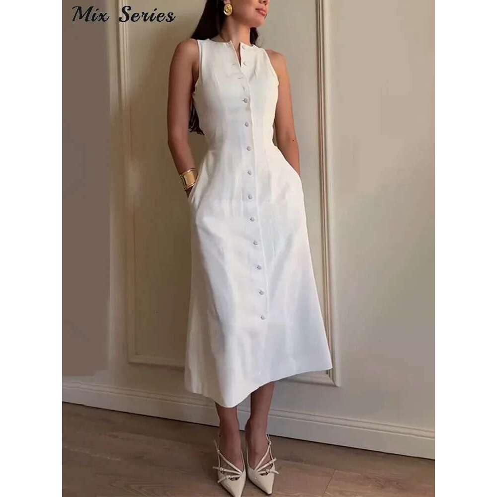 Elegant Sleeveless Long Dress Women's Slim Solid O-Neck Single Breasted A-Line Dresses 2025 Summer New Ladies Fashion Robes