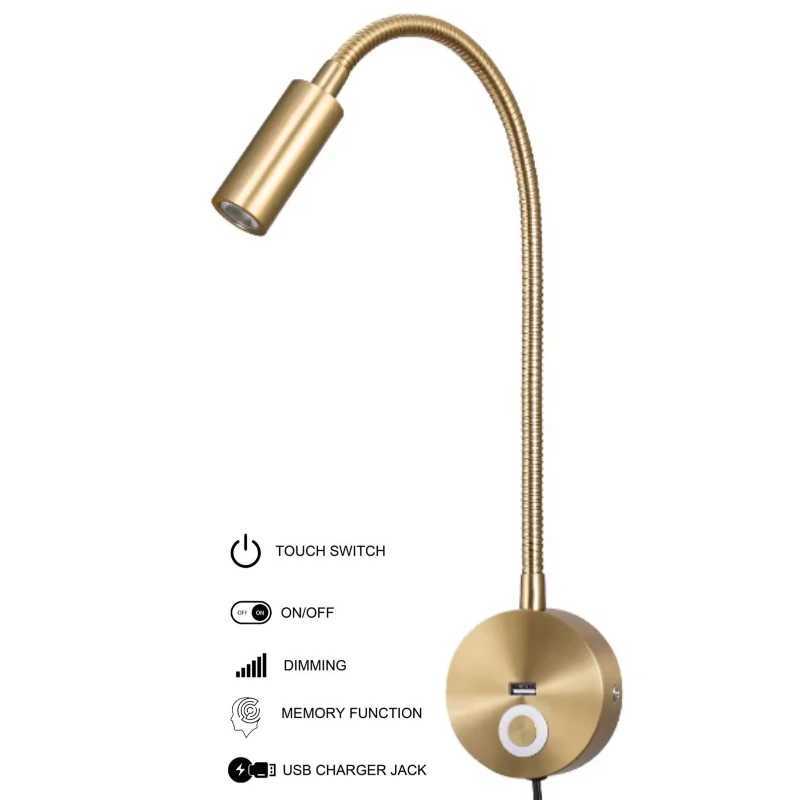 Tokili LED Golden Wall Lamp w/ USB Charger Touch Dimmer - Bendable Gooseneck Bed Headboard Spotlight Sconce for Reading LightsXJ250526