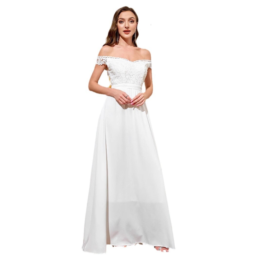 Womens Dress Elegant Long Wedding Banquet One Shoulder White Wedding Dress