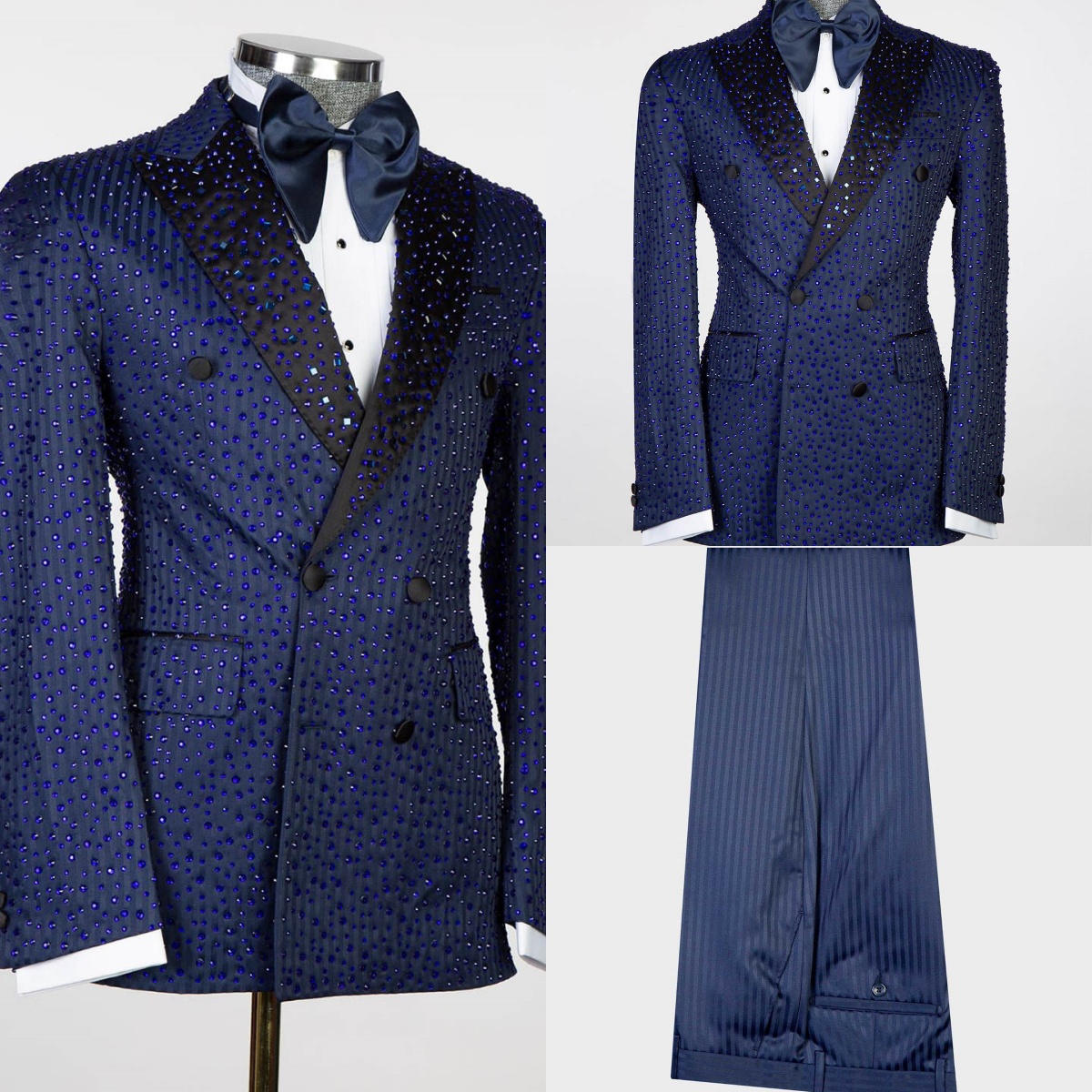 Handsome Blue Beaded Wedding Tuxedos 2 Piece Set Jacket Pants Peaked Lapel Men Suit Customized Groom Wear Party Suits