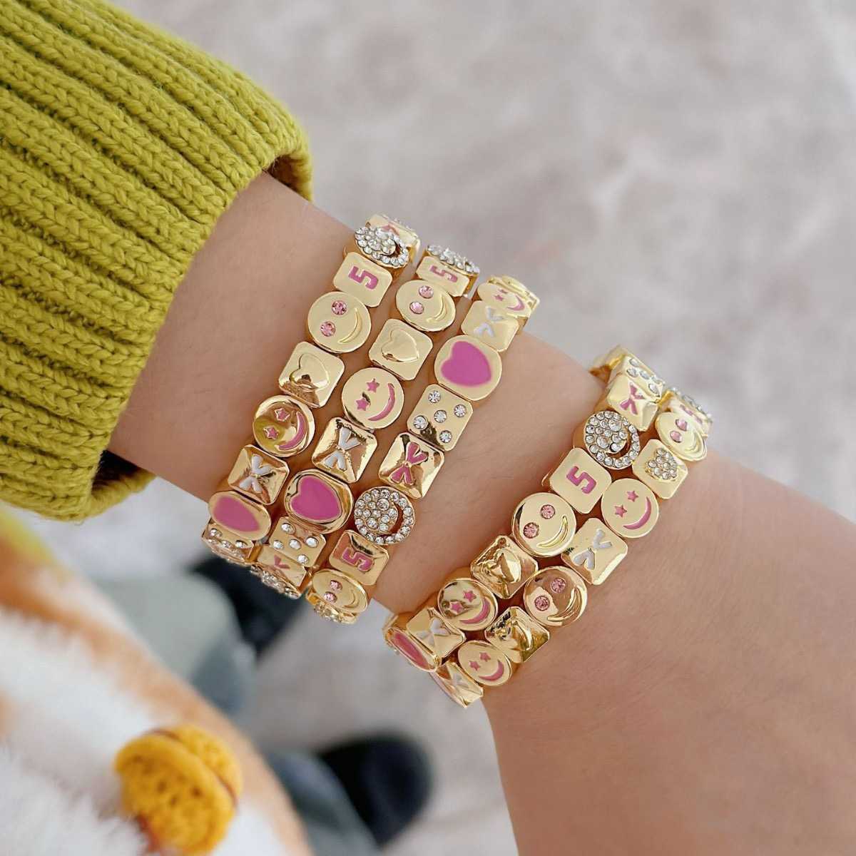 2024 Design Enamel Happy Face Inlaid Dimond Bracelet Womens Gold Dice Bead Elastic Bracelet Boho Jewelry Accessories Z250421