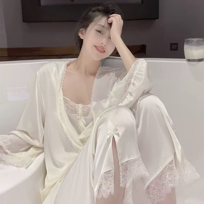 XS6-Lace suspender pajamas women summer sexy ice silk silk home clothes three-piece nightgown spring and autumn