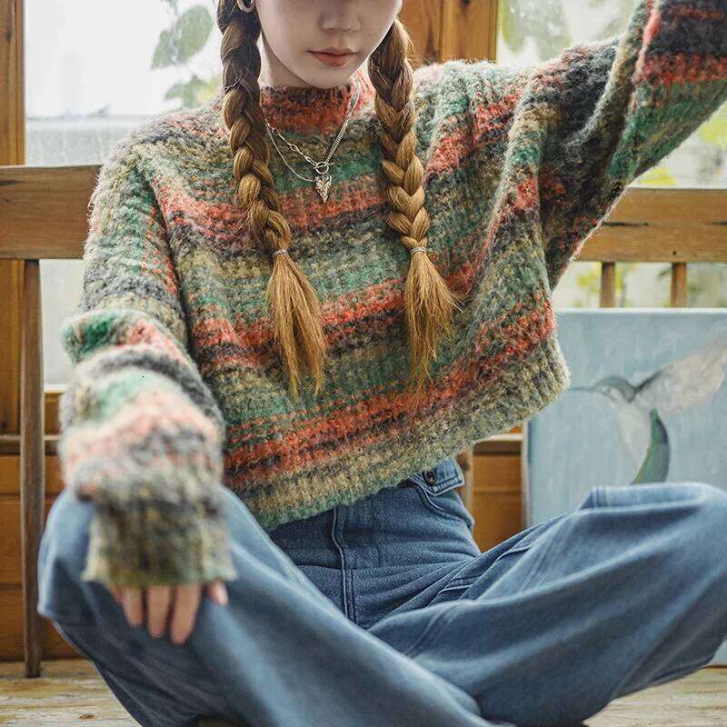 Maden Gradient Wool-Blend Knitted Sweater Vintage Crew-Neck Short Pullover Women's Versatile Top For Fall And Winter Knitwear