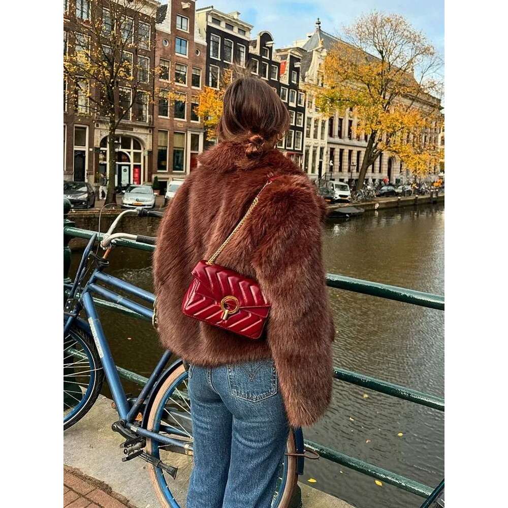 PB&ZA Women's 2024 Autumn/Winter New Jacket Flip Collar Artificial Fur Effect Brown Maillard Short Coat