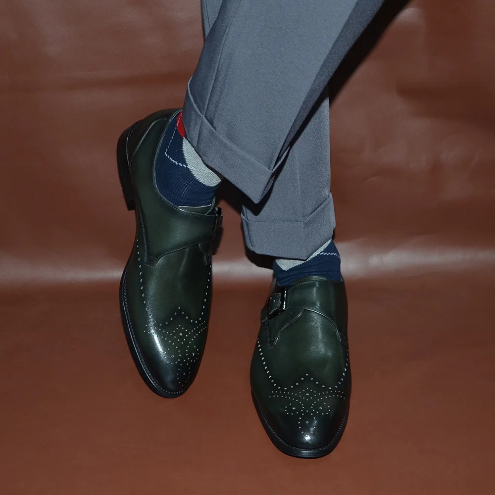 Elegant Mens Basic Monk Strap Dress Shoes Genuine Leather Single Buckle Green Black Loafer Brogue Party Wedding Formal Man Shoe 250526