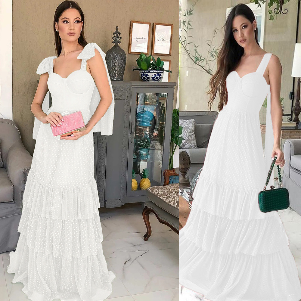 New wedding dress mid waist temperament covered shoulder lace up white evening dress