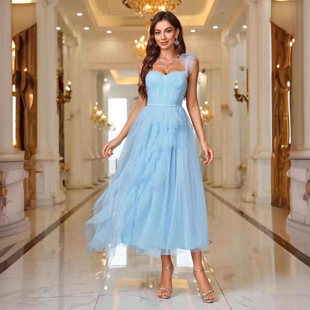 Summer new collection waist solid color mesh skirt school round style dress continues to be in bulk