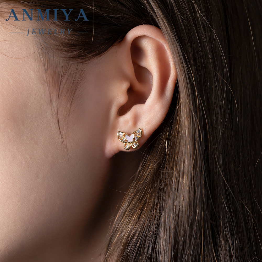 Wholesale Sterling Silver 18k Gold Shell pink butterfly Shape Nice Stud Earrings for Girl Women
