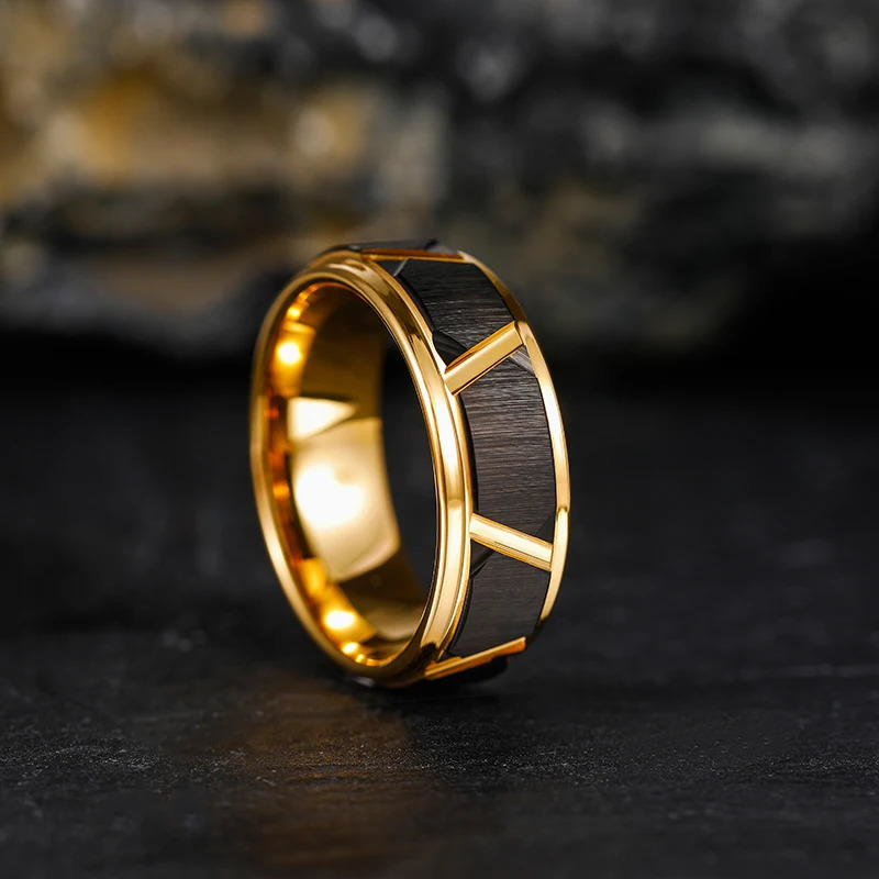 Tigrade 6mm/8mm Mens Tungsten Rings Groove Beveled Edge Pattern Brushed Black Gold Color Wedding Bands Engagement Ring 250603