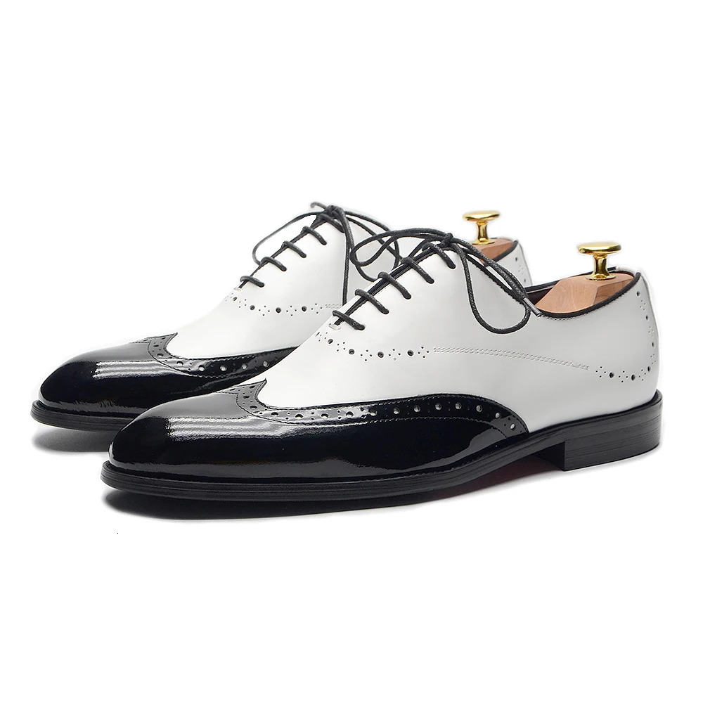 Formal Oxfords Shoes for Men White Black Real Cow Patent Leather Business Lace-up Wingtip Toe Brogue Wedding Mens Dress Shoes 250526