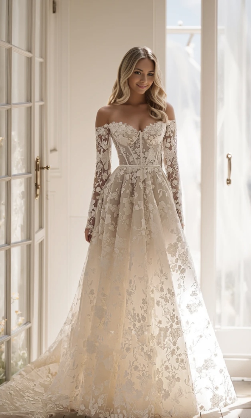 Simple Lace A Line Wedding Dress Elegant Off The Shoulder Bridal Dress Long Sleeve Customized vestidos de novia