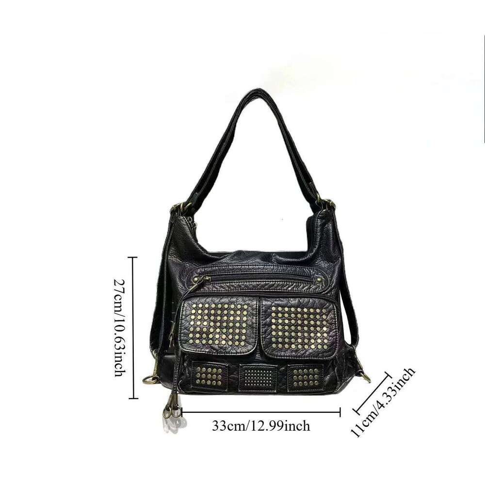 Women's Bags Designer Ladies' Fashion Y2k Rivet Hot Girl Washed Motorcycle Large Capacity Vintage Single Shoulder Tote Bag