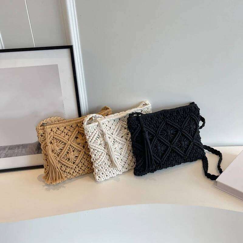 Fashion Rope Woven Clutch Bag for Women Casual Hollow Out Tassel Crossbody Purses Handmade Summer Beach Bags