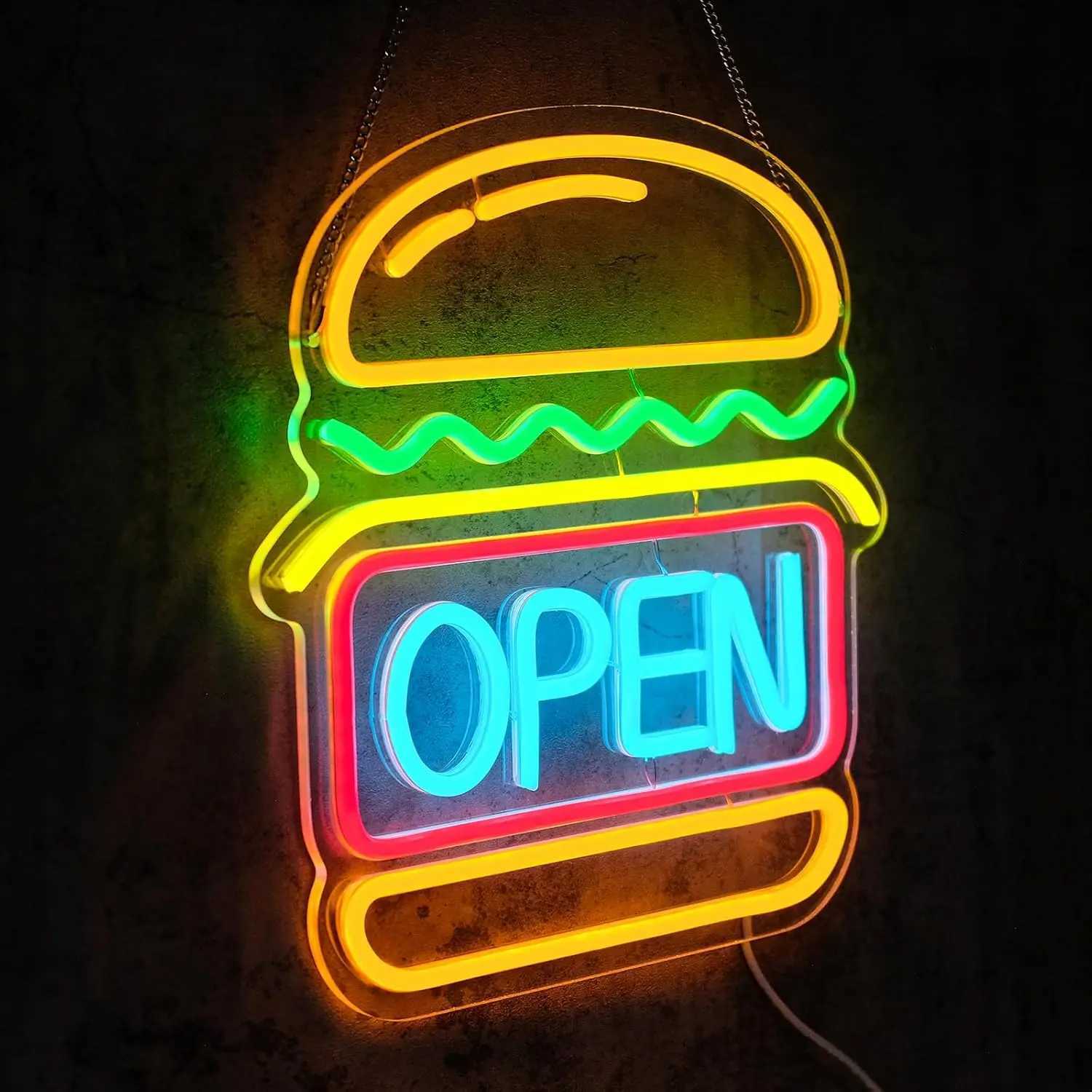 Burgers Open Neon Sign for Wall Decor LED for Business Food Neon Light Room Decor for Bar Party Snack Shop Restaurant Gift W250526