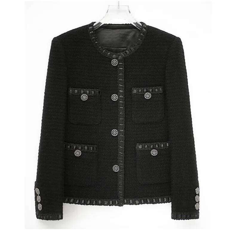 Black Tweed For Women's Autumn/Winter Tops, Short And Versatile Small Fragrant Woolen Jacket