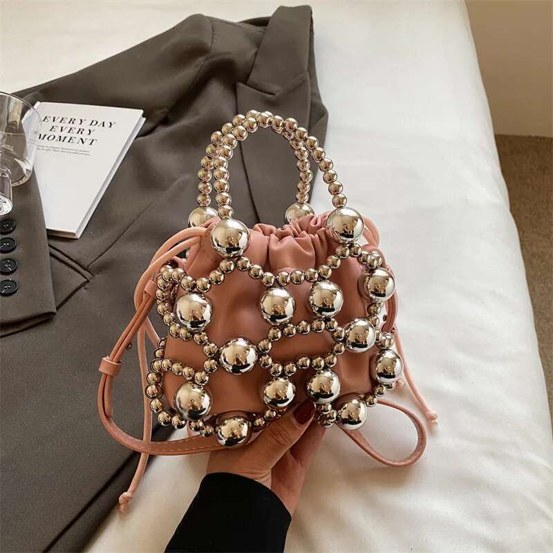 Beaded Handbags Hollow Woven Pearls Bags for Women Fashion Drawstring Shoulder Lady Evening Bag Party Wedding Clutch