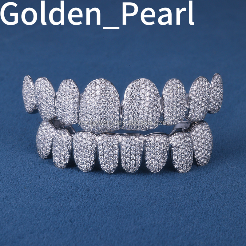 Factory Custom S925 Silver 10K 14K 18K Solid Gold 1.5mm 8top 8bottom Iced Out VVS Moissanite Lab Grown Diamond Grillz for Teeth
