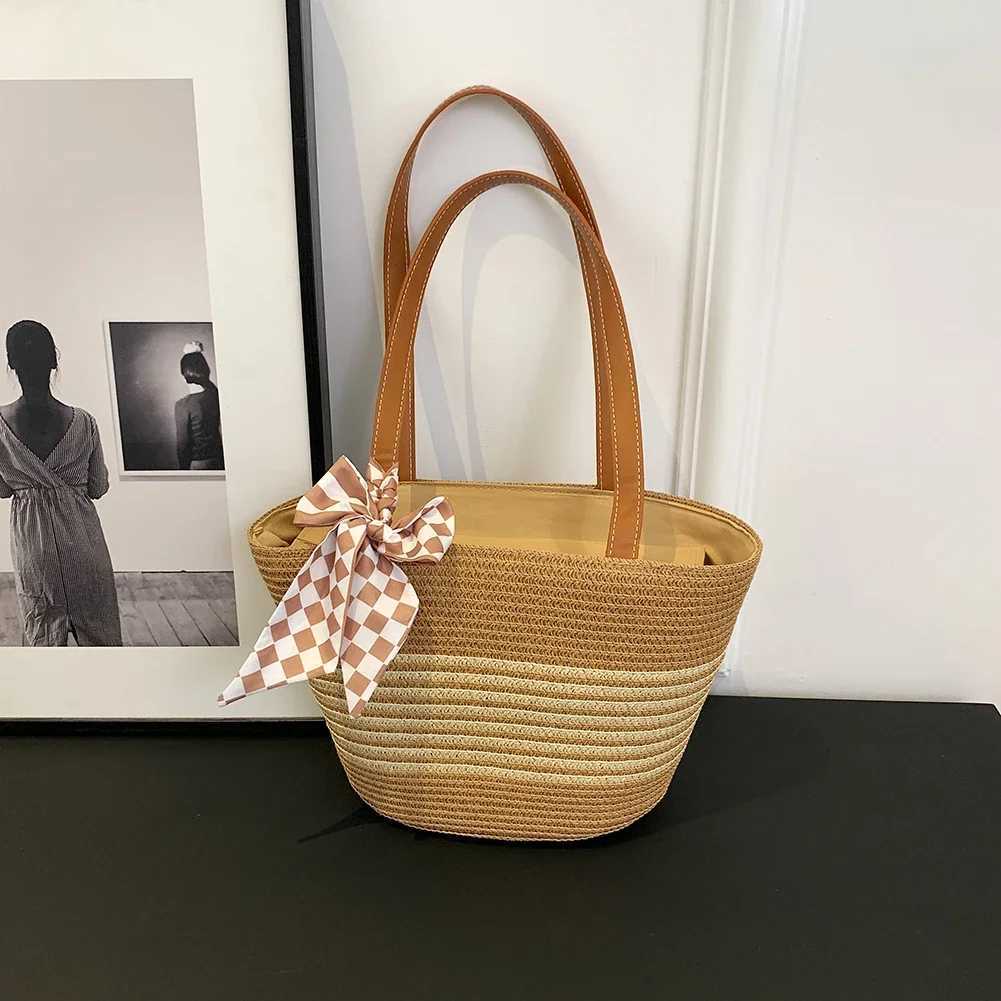Women Straw Tote Handbag Large Capacity Crochet Beach Handbag Zipper Closure Weaving Striped Handbag Ladies Summer Daily Bag W250524