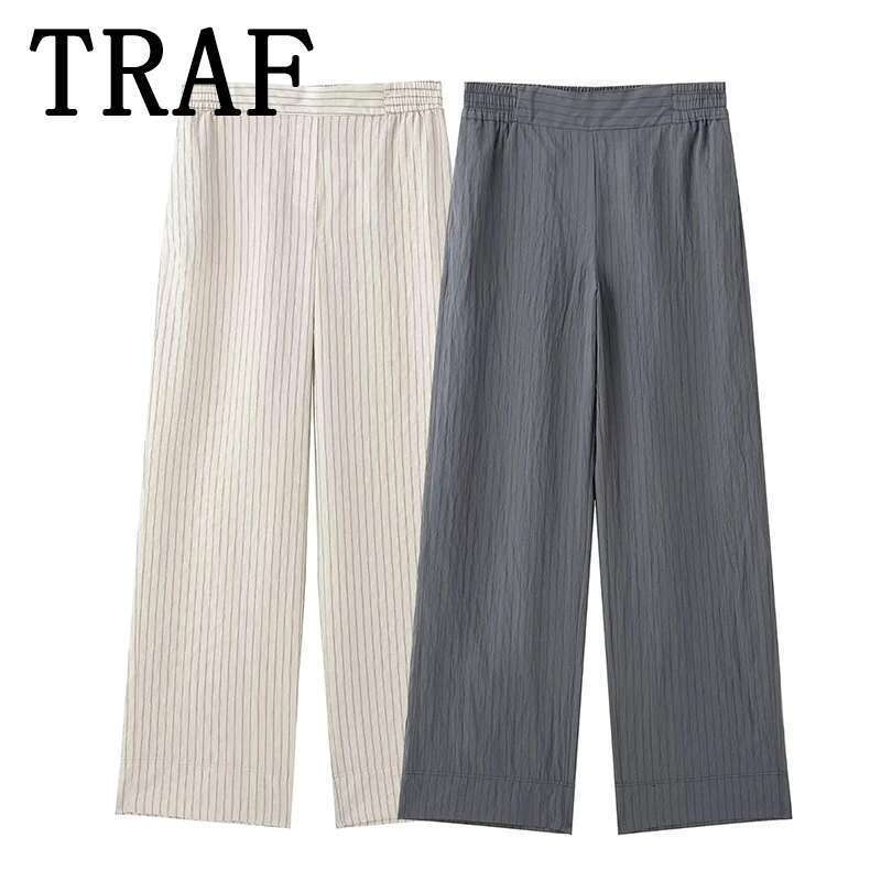 TRAF Stripe Wide Leg Pants Sets For 2 Pieces 2025 New Fashion Loose Shirts Suit Casual Two Piece Set Women Outfit