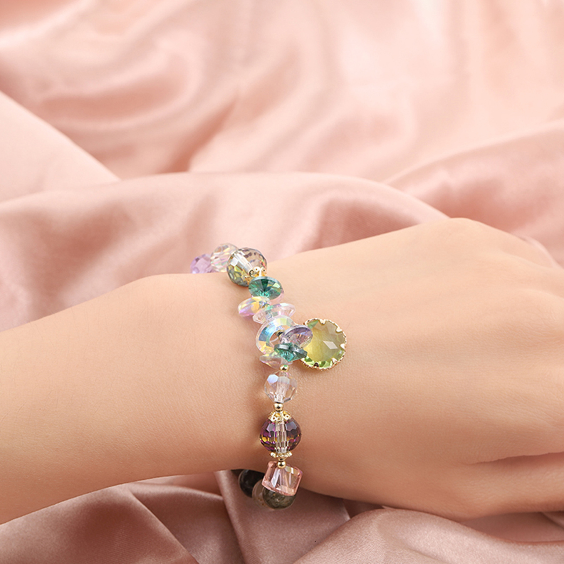 elastic adjustable women's cool style electroplated colorful crystal tourmaline pendant decorative temperament bracelet