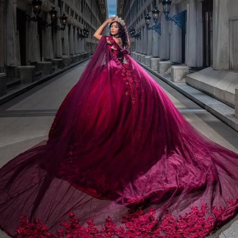 Red Shiny Quinceanera Dresses Ball Gown Off The Shoulder Applique Bow Beading With Cape Tull Party Birthday Sweet 16 Dress Vestidos 15 Anos