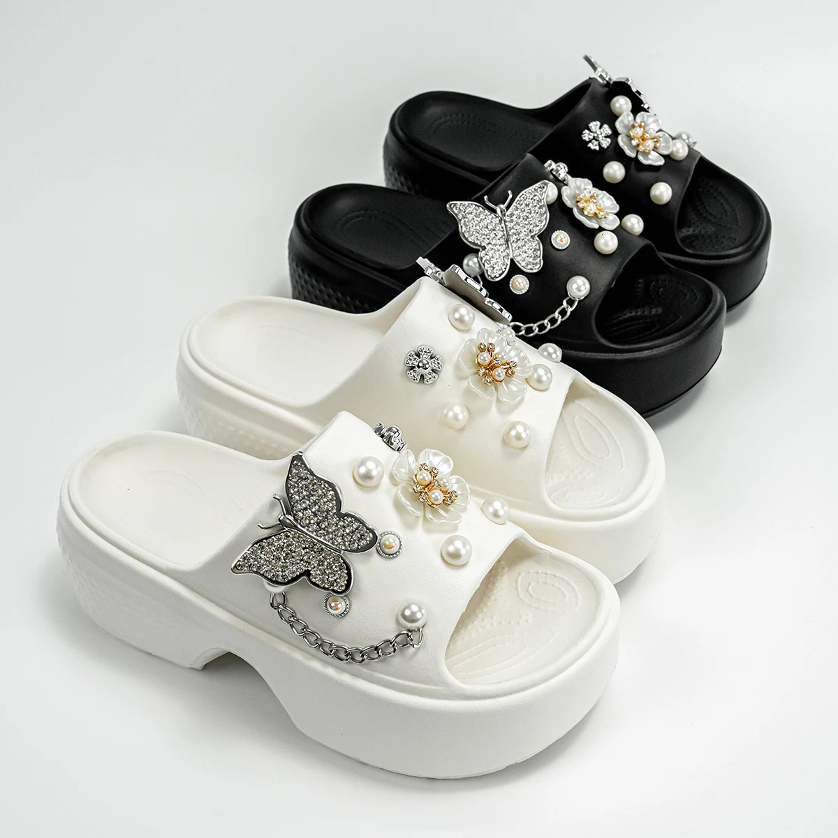 Fashionable Silver Butterfly Flower OneLine Sandals Outdoor ThickSoled Heightening E20 250526