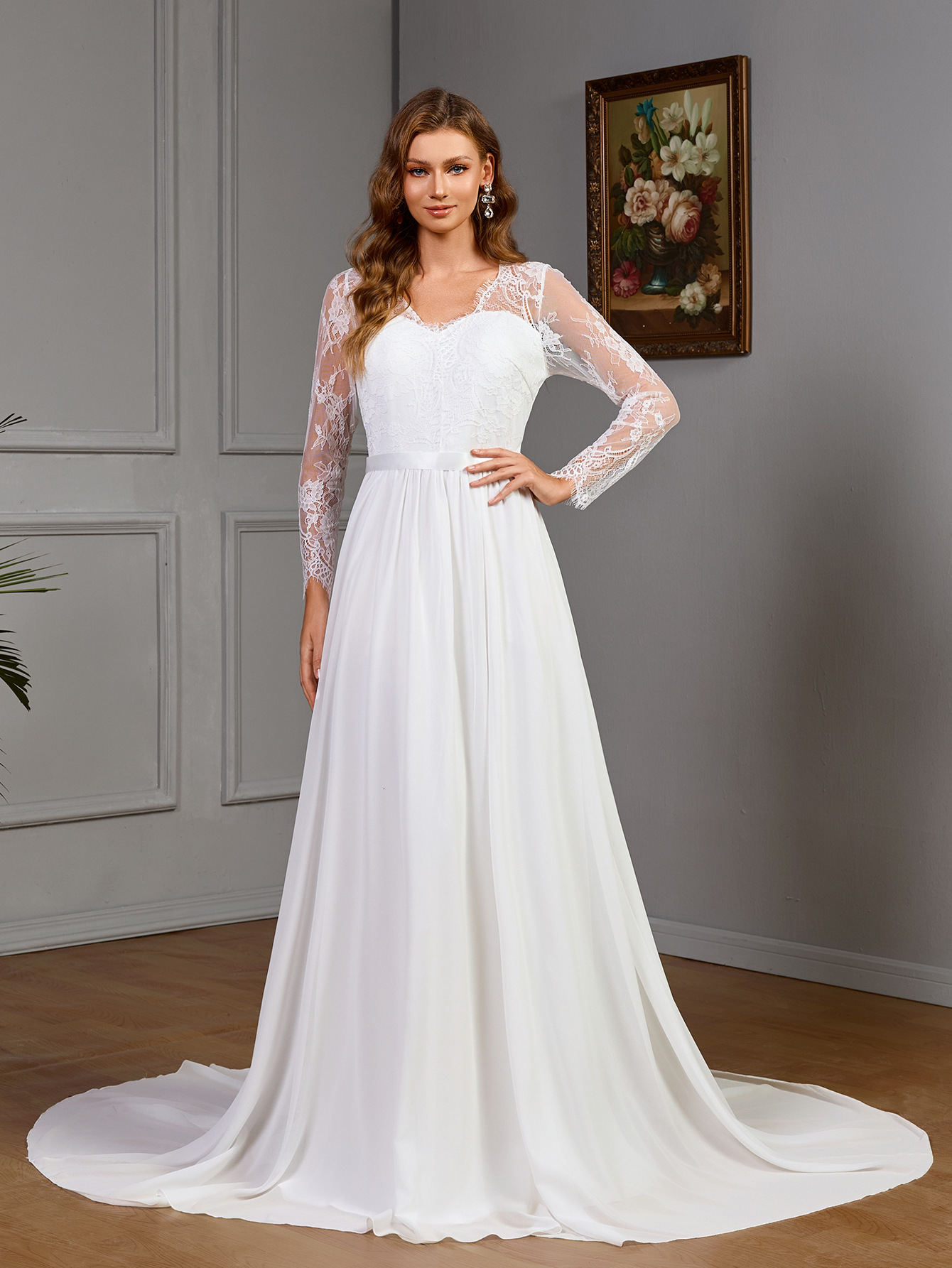 New Womens Sexy Lace Long Sleeve Wedding Dress with Chest Cotton Pendant Dress in White