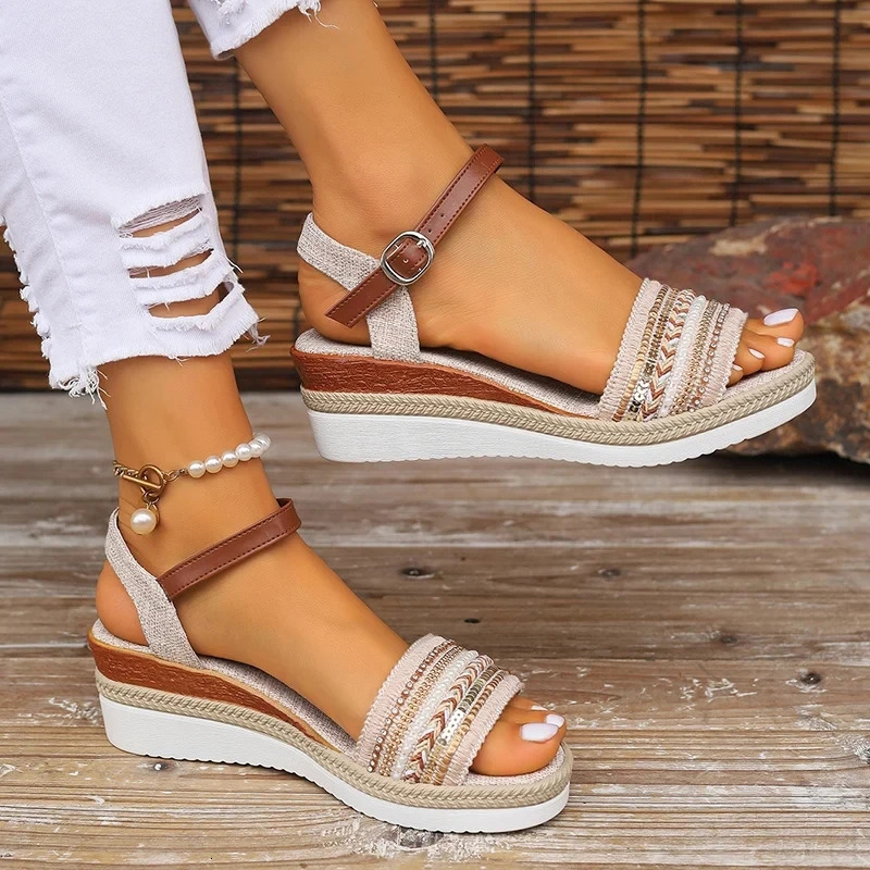Womens Braided Casual Sandals Buckle Strap Platform Wedge Sandles for Women 2024 Summer Light Non Slip Walking Sandalias Mujer 250519