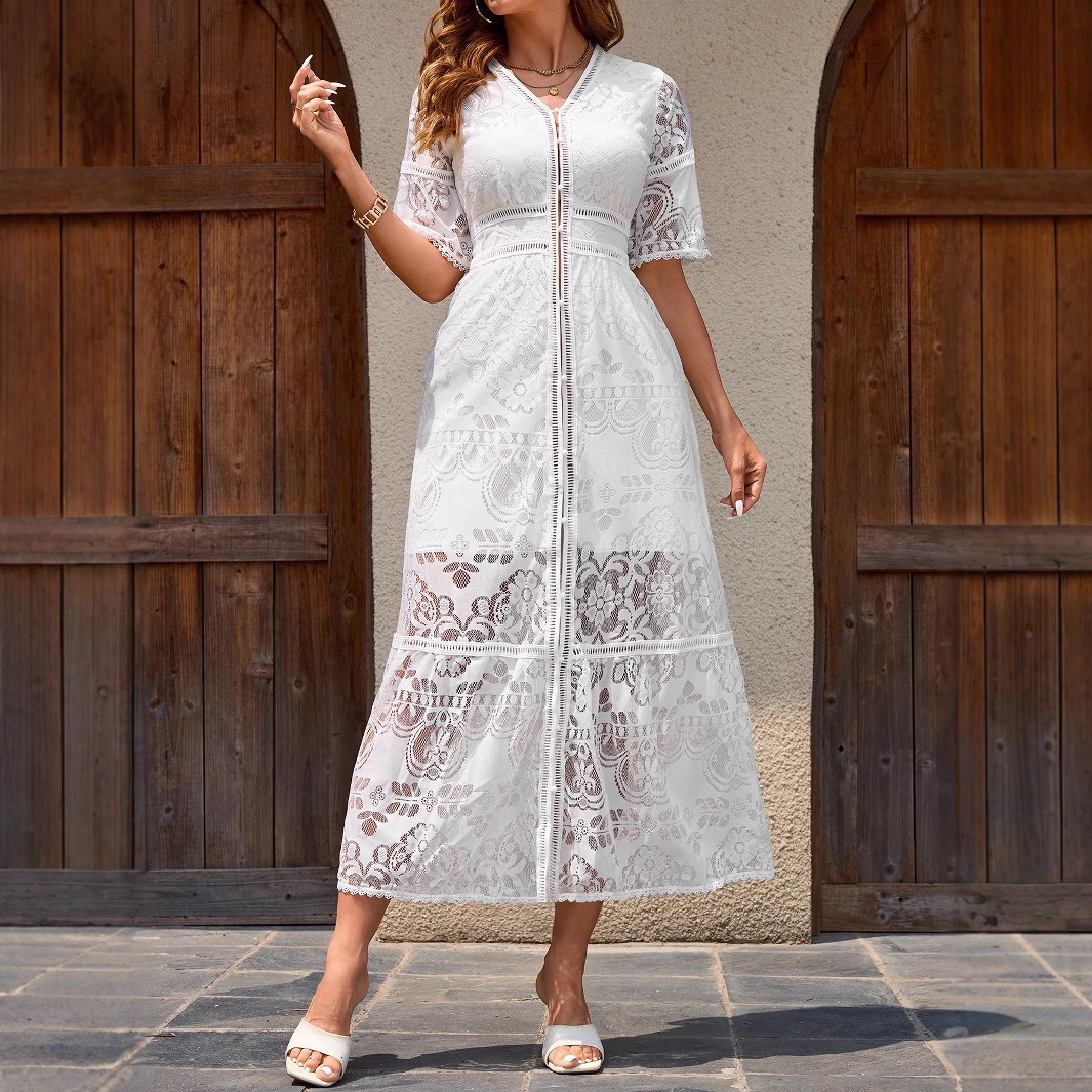 Lace Embroidered Beach Hoodie Vacation Long Skirt Beach Vacation Cardigan Dress Elegant 2025