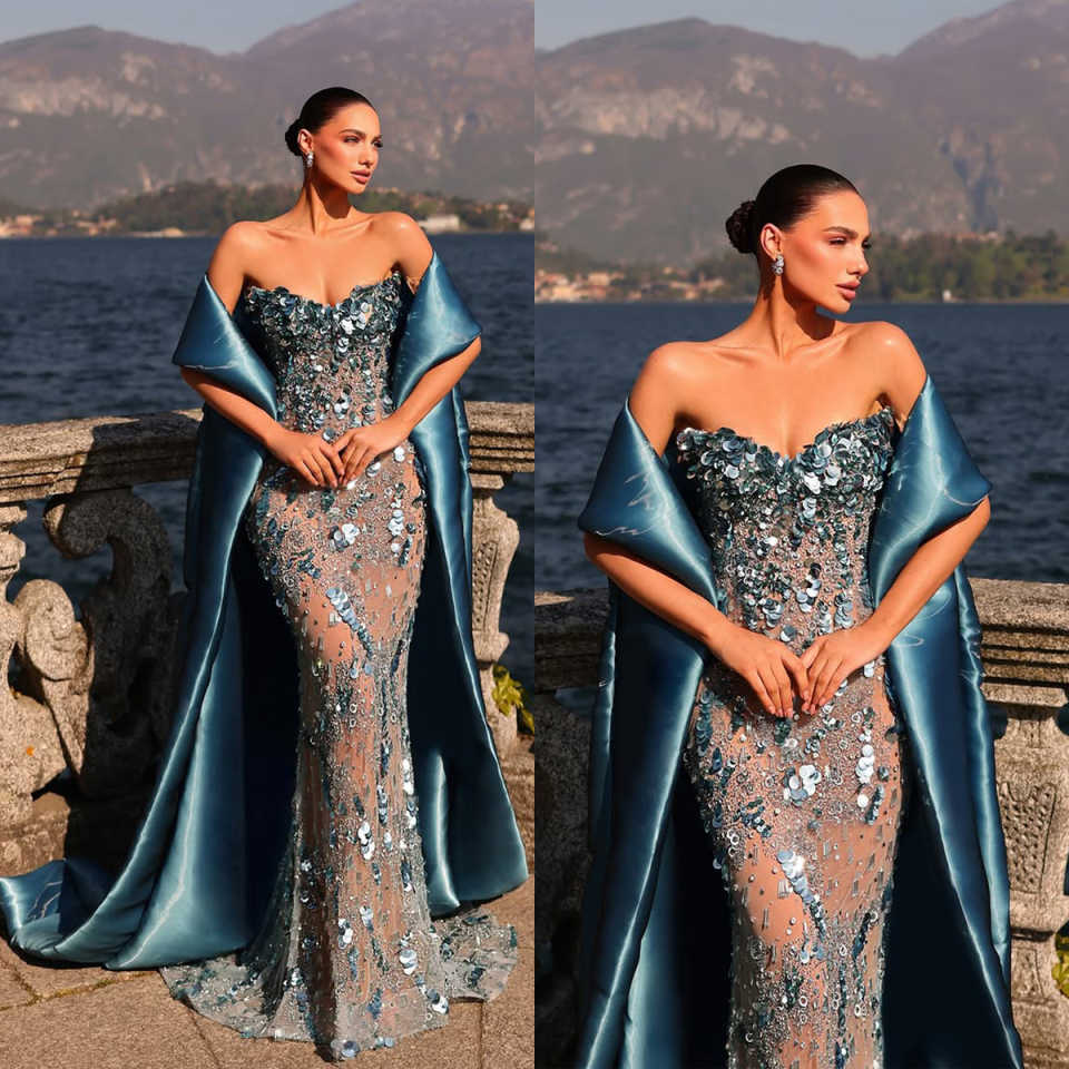 Elegant Evening Dresses For Women Strapless Sleeveless Wrap Gown Sequins Sweep Train Dress Party Customized Dress