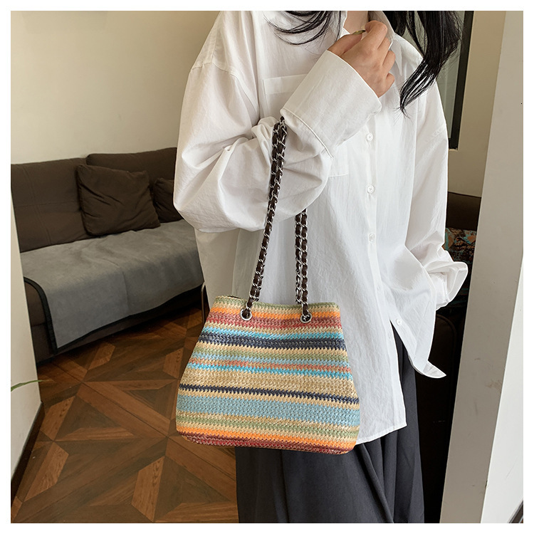 Free Shipping Designer Bag Women's Summer Woven Shoulder Bag Rainbow Striped Grass Woven Bag Large Capacity Chain Shopping Bag Leisure Vacation B