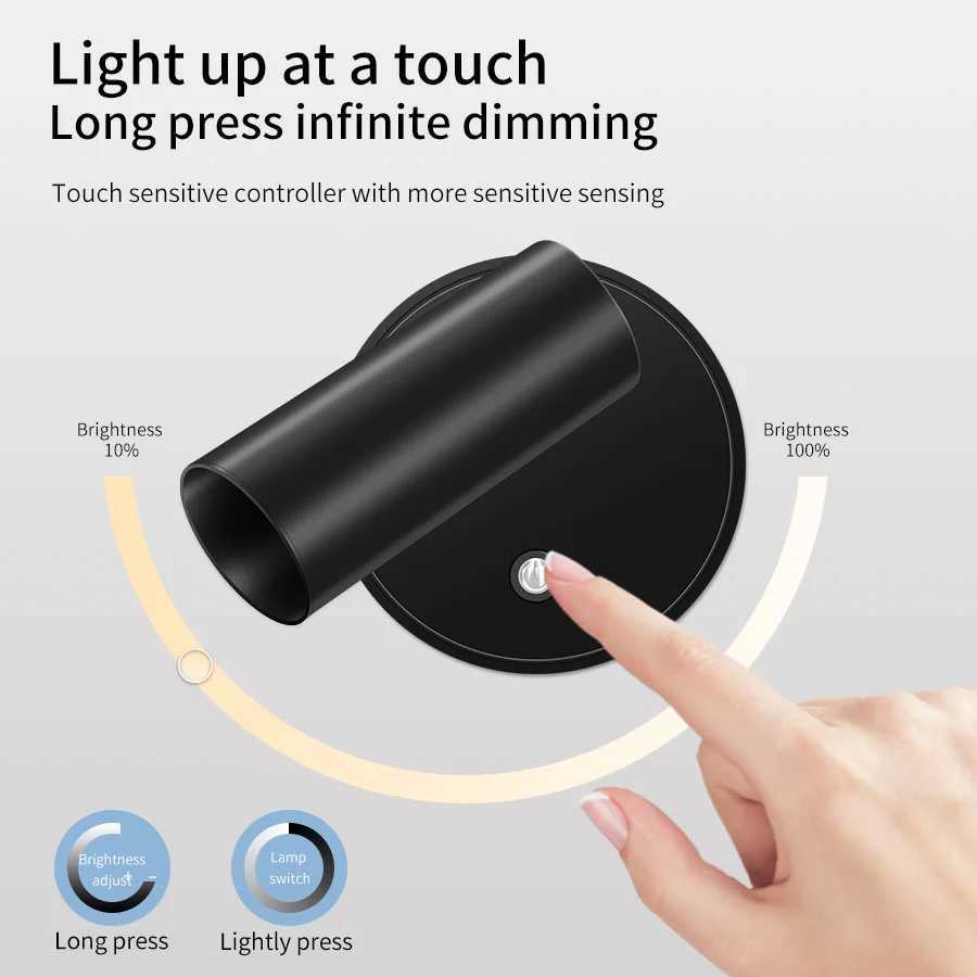 Magnetic LED Wall Lamp USB Rechargeable Touch Switch Wall Lights Spotlight Cordless Dimmable Bedroom Bedside Lamp Reading LightXJ250526