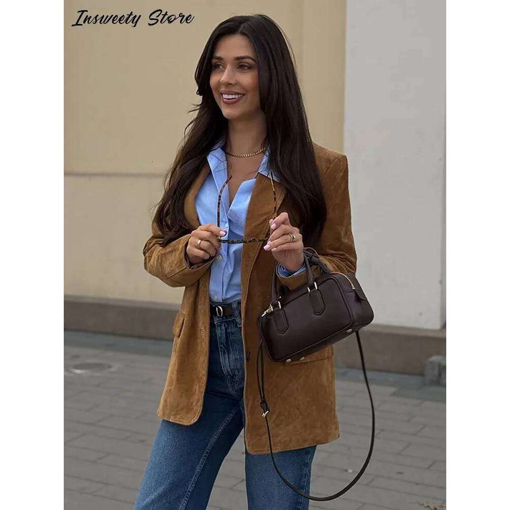 Fashion Suede Khaki Jacket Women's Single Breasted Lapel Buttons Pockets Full Sleeve Coats 2025 Spring Lady Vintage Streetwear