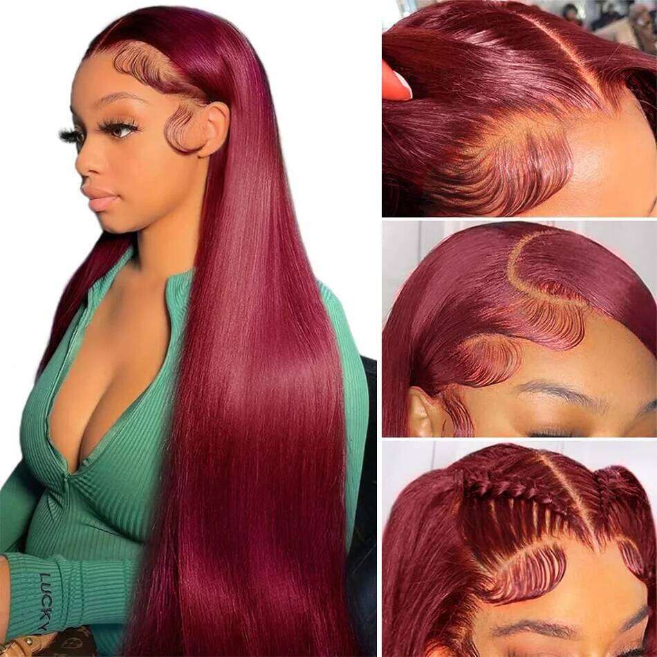 99J Colored Front Human Hair Straight Bury 13x4 Transparent Full Lace Frontal Wig Red Brazilian Wigs For Women
