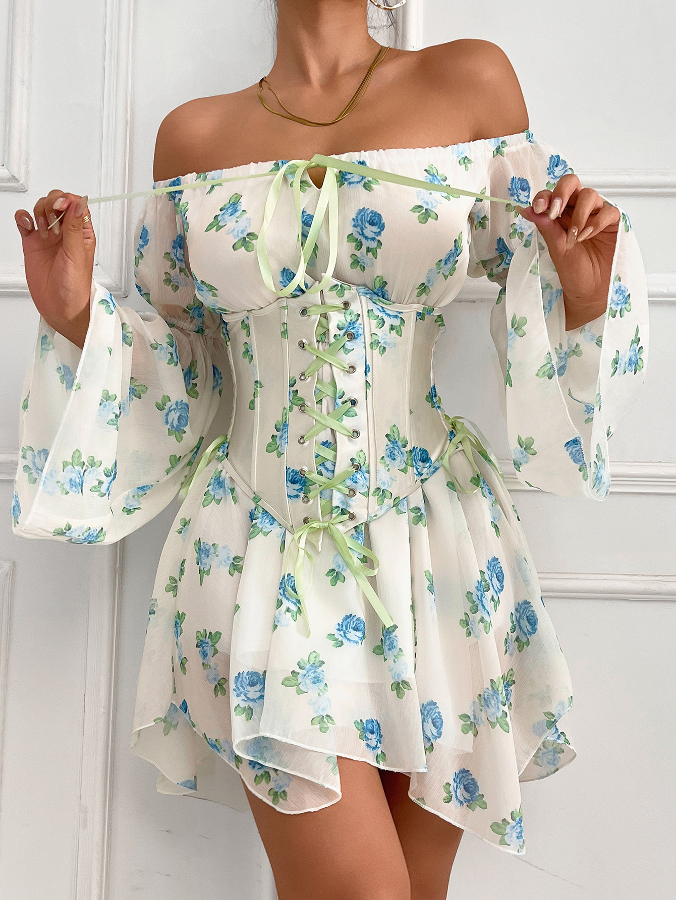 Womens printed floral dress with lace up one shoulder long sleeved waist and detachable short skirt