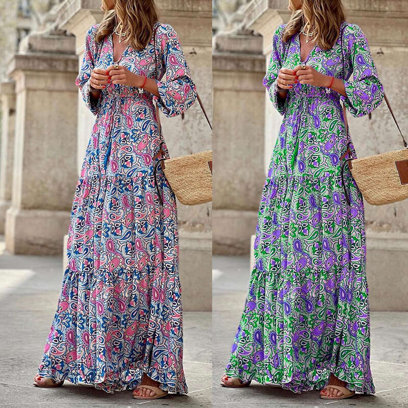 Backless Sexy Dress FD Women S Fashion Autumn New V Neck Long Sleeve Mid Length Bohemian Dress Sexy Flowy Dresses