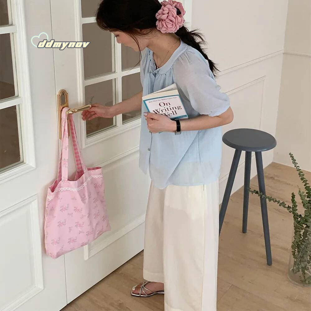 Pink Floral Canvas Shoulder Handbag Korean Travel Beach Double-sided Shopping Totes Girl Lace Underarm Bag ddmynov
