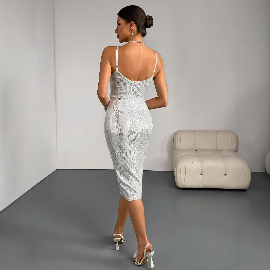 Solid color sequin sexy hip hugging nightclub womens cocktail party dress