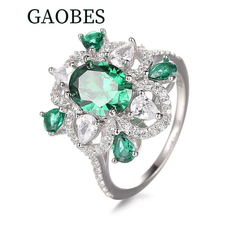 925 Sterling Silver Vintage-Inspired Emerald Ring with Waterdrop Shape and Full Diamond Inlay, Elegant Design for Women, In-Stock and Ready to Ship