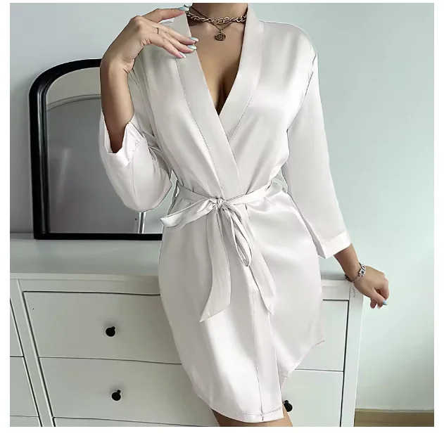 Pajamas women summer European and American ladies lace-up bathrobe sexy morning gown home dress can wear ice silk robe 250519CJ