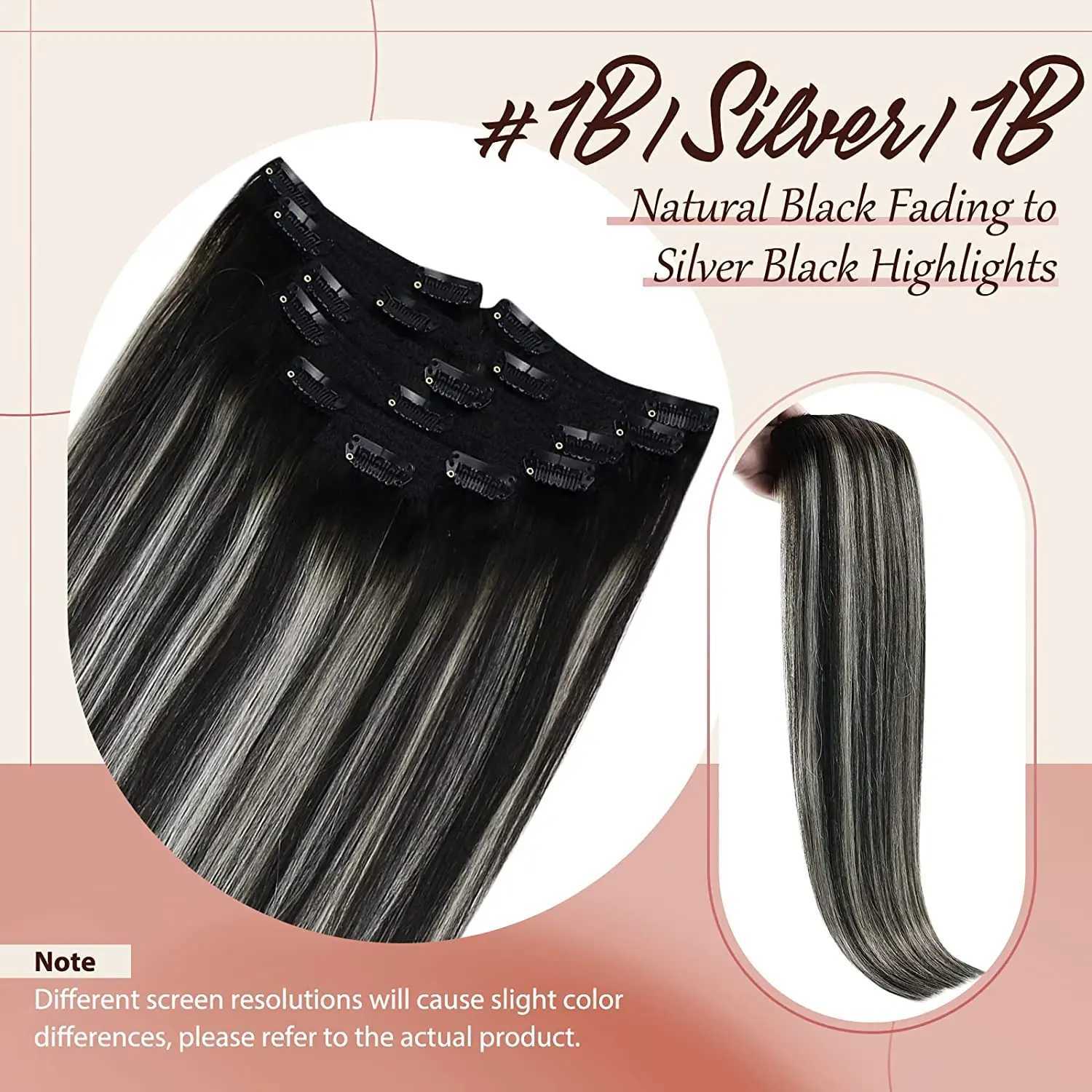 Full Shine Clip In Hair Extensions Black Balayage Silver 18Inch 7Pcs Real Human Hair Natural Hair Double Weft Straight 120G S25526