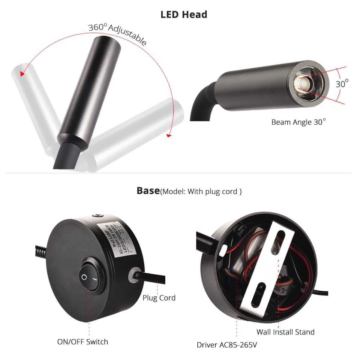 2pcs LED Wall lamp 3W for Bedside Study Reading Book Lamp Black Silver White wall light EU US Plug CordXJ250526