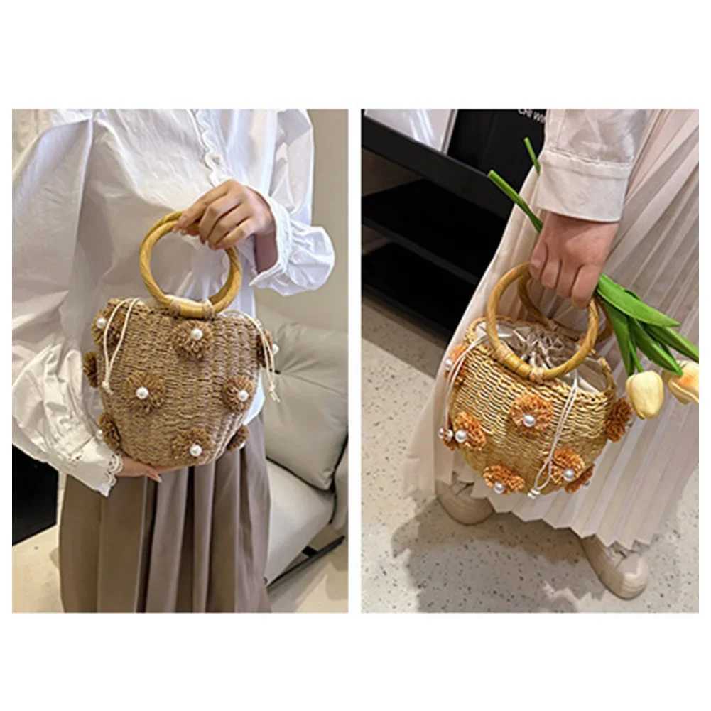 Women Straw Tote Handbag with Pearls Handmade Woven Bag Drawstring Wrist Purse Summer Holiday Beach Bag W250524