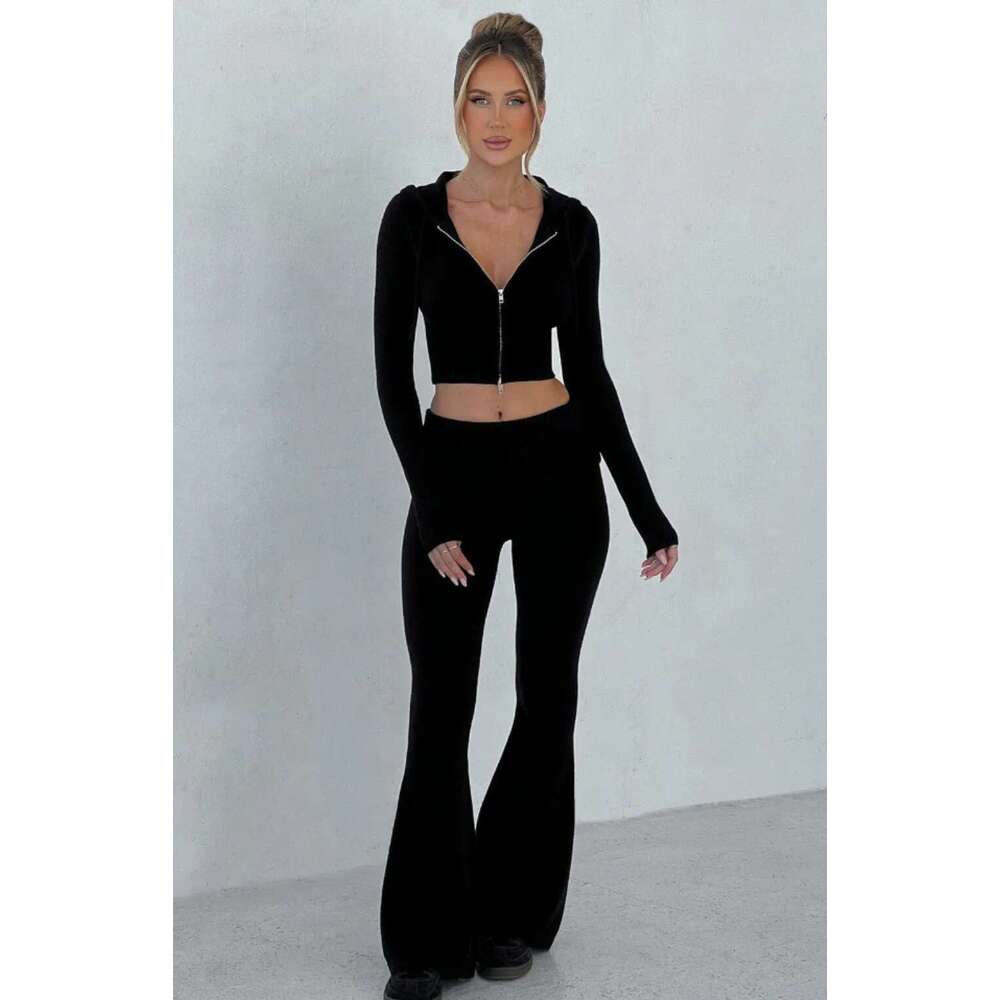 Sping Summer Casual Women Two Piece Outfits Knitted Long Sleeve Hoodie And Flare Pants Workout Jogger Set Tracksuit