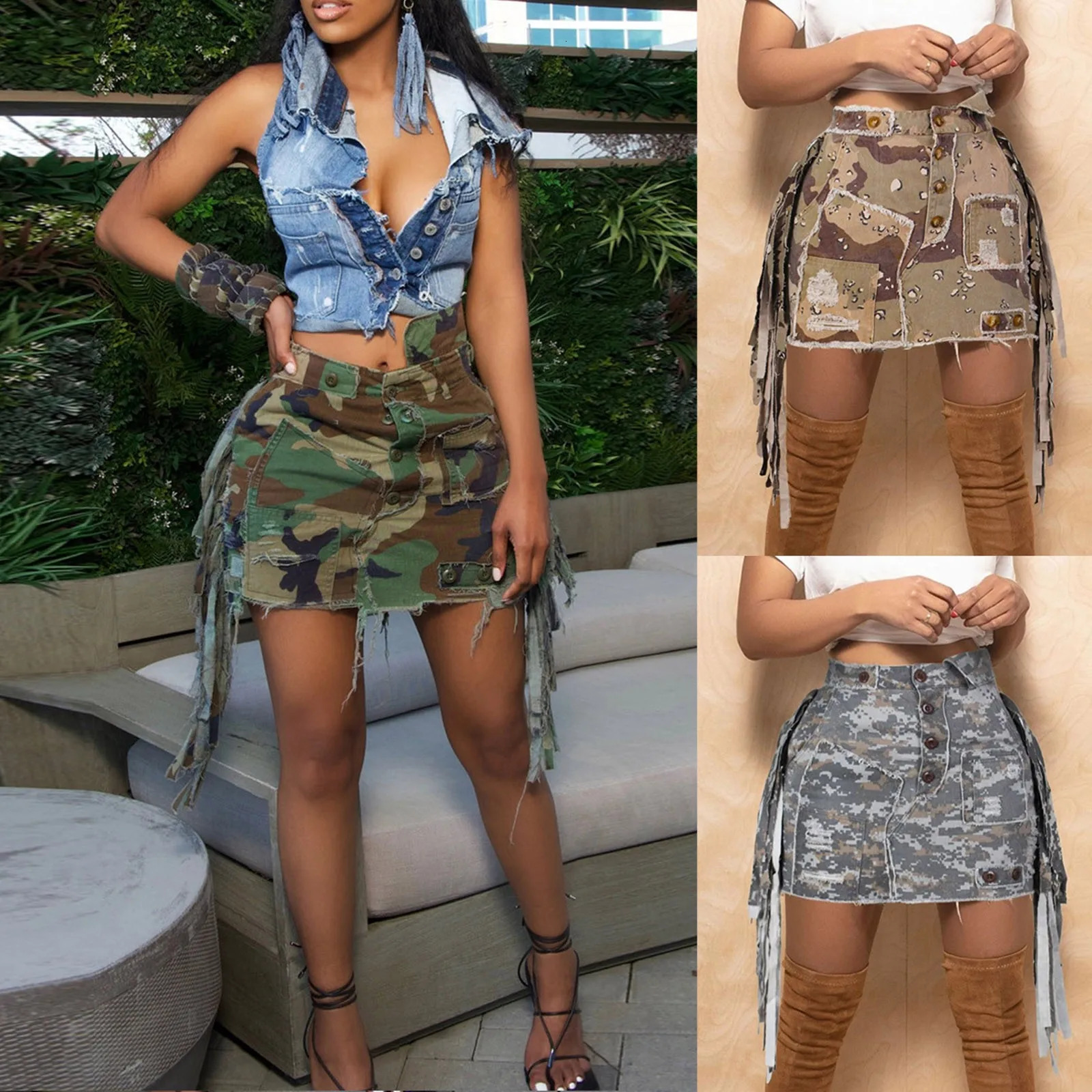 Skirts for Women Fashion High Waist Wrap Hip Camouflage Jean Skirt Ladies Side Lace Up ALine Casual Comfty Breath 250516Z