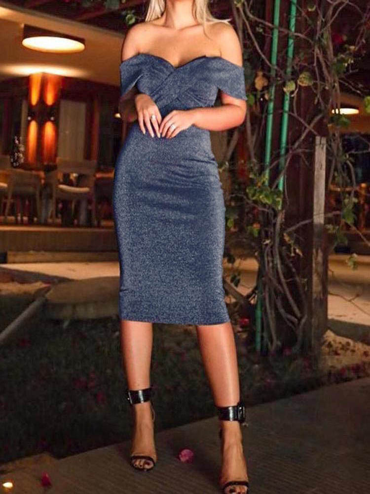 Womens Dress Slim Fit Wrap Hip One Line Neck Mid Dress Sleeveless Party Dress