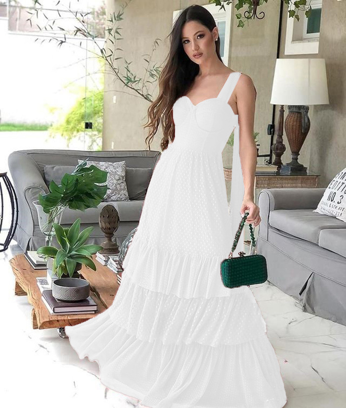 New wedding dress mid waist temperament covered shoulder lace up white evening dress