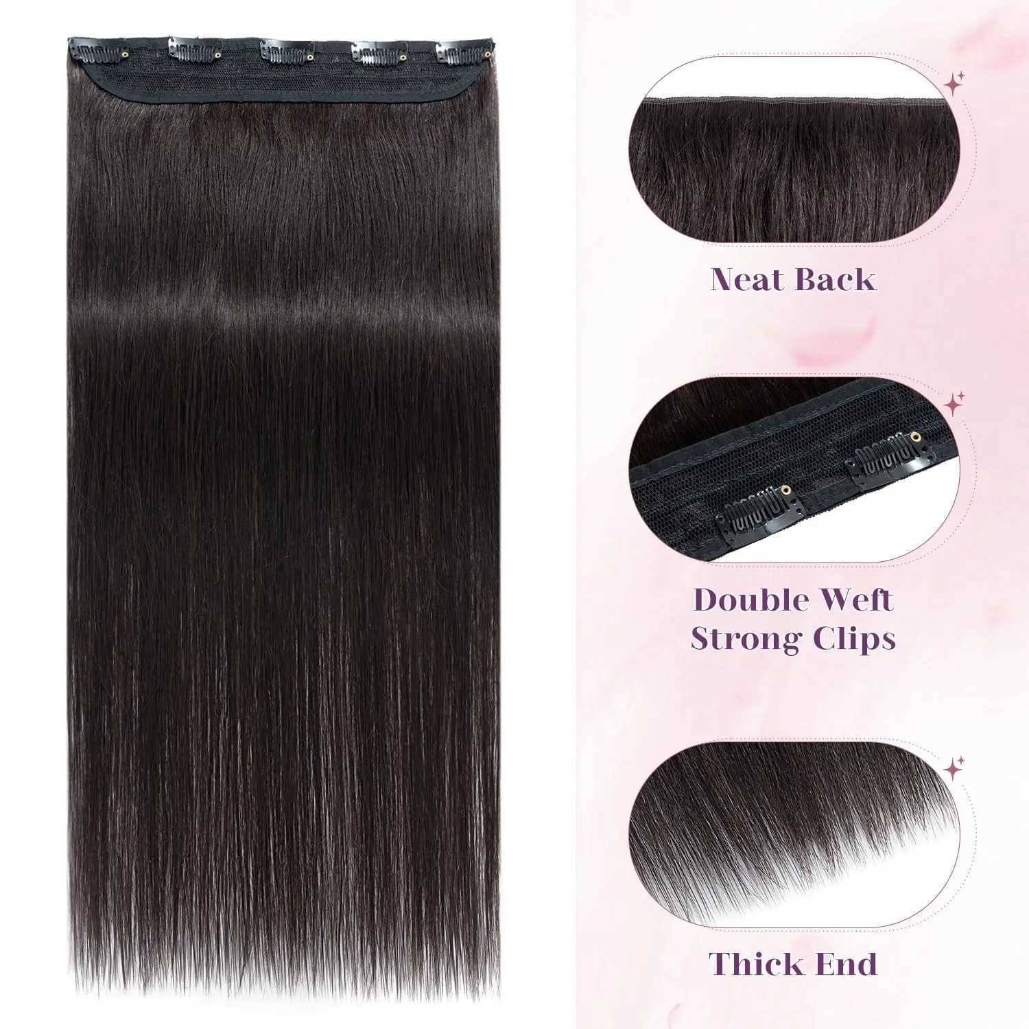 Clip In Human Hair Extensions 1 Piece 5 Clips 3/4 Full Head Clip On Remy Hair Extension Natural Color One-Piece Clip Ins S25526
